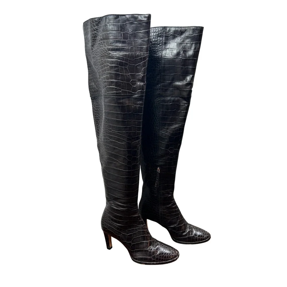Reformation Croc Embossed Leather Thigh High Boots Wmns 9.5 Brwn Brazil RARE HTF